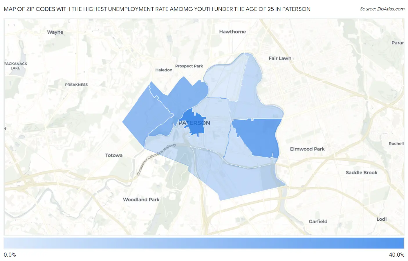 Zip Codes with the Highest Unemployment Rate Amomg Youth Under the Age of 25 in Paterson Map