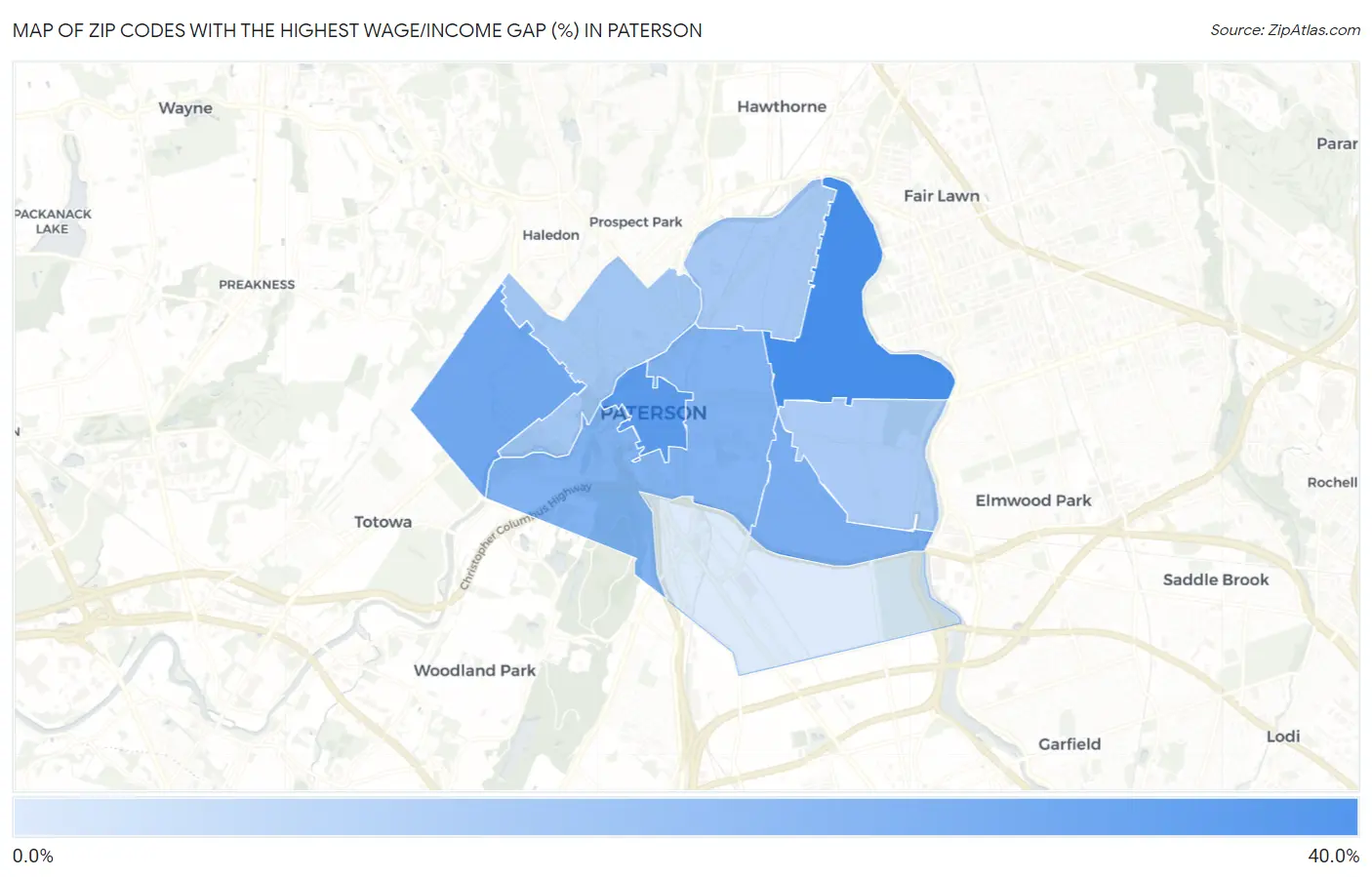 Zip Codes with the Highest Wage/Income Gap (%) in Paterson Map