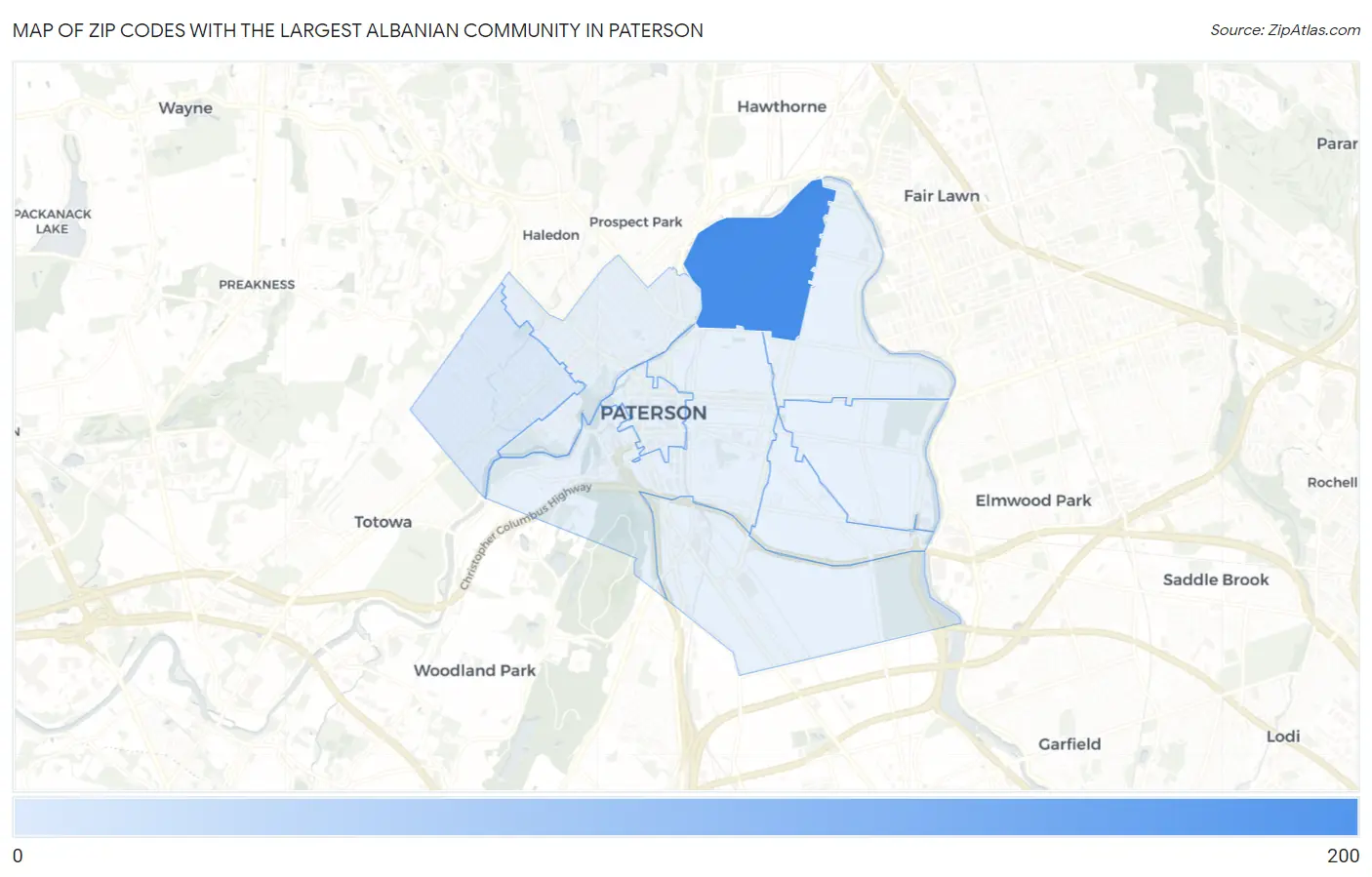 Zip Codes with the Largest Albanian Community in Paterson Map