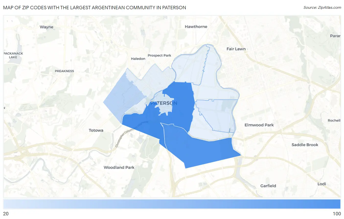 Zip Codes with the Largest Argentinean Community in Paterson Map