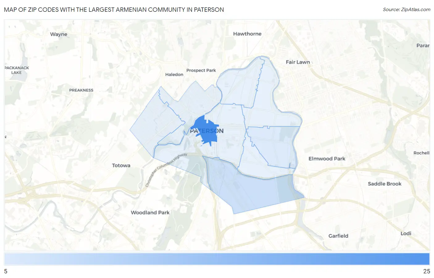 Zip Codes with the Largest Armenian Community in Paterson Map