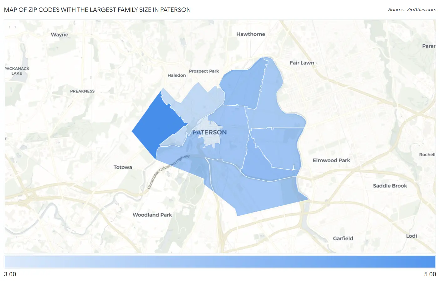 Zip Codes with the Largest Family Size in Paterson Map