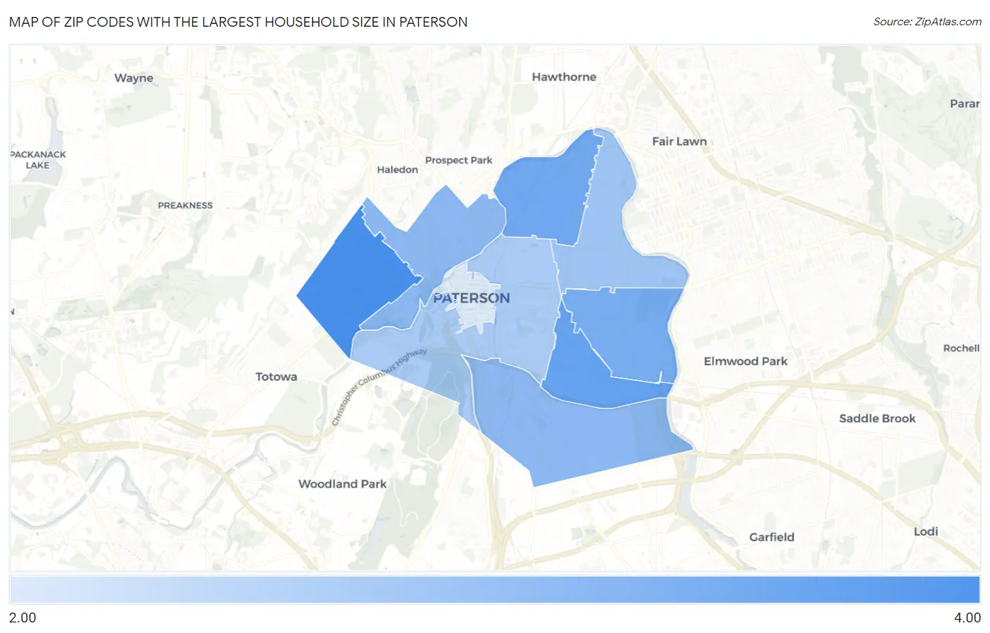 Zip Codes with the Largest Household Size in Paterson Map