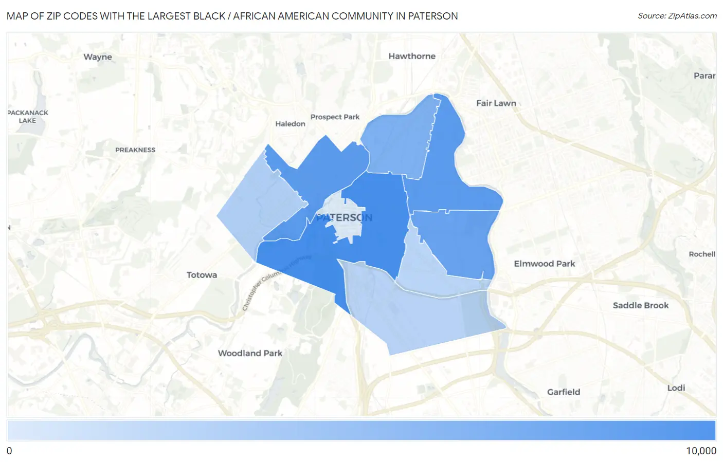 Zip Codes with the Largest Black / African American Community in Paterson Map