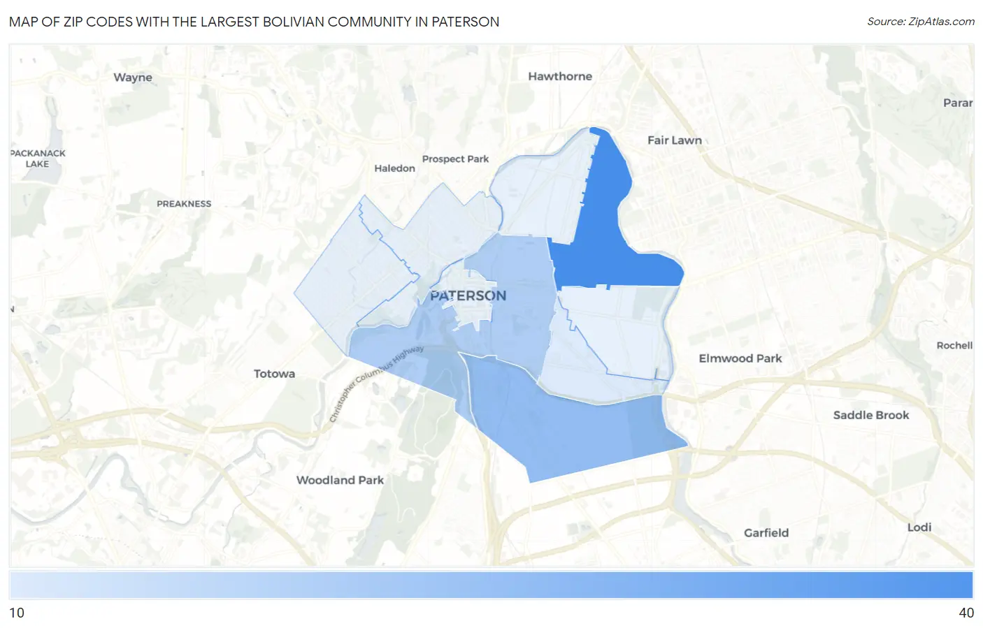 Zip Codes with the Largest Bolivian Community in Paterson Map