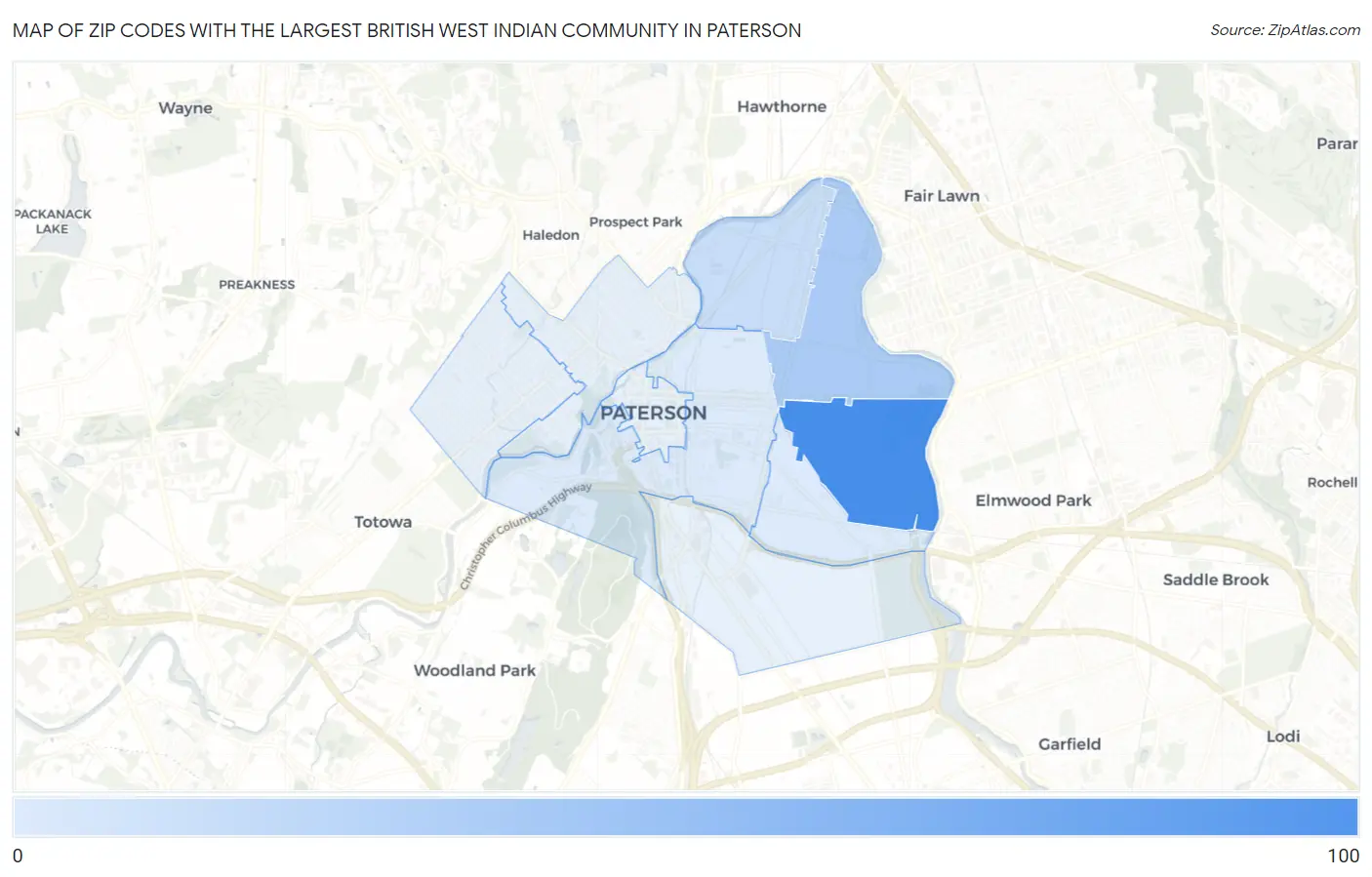Zip Codes with the Largest British West Indian Community in Paterson Map