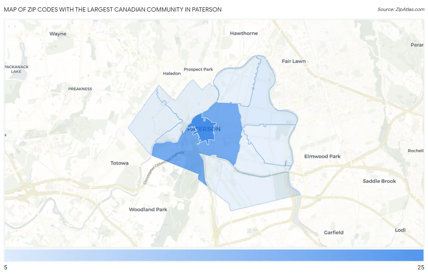 Zip Codes with the Largest Canadian Community in Paterson Map