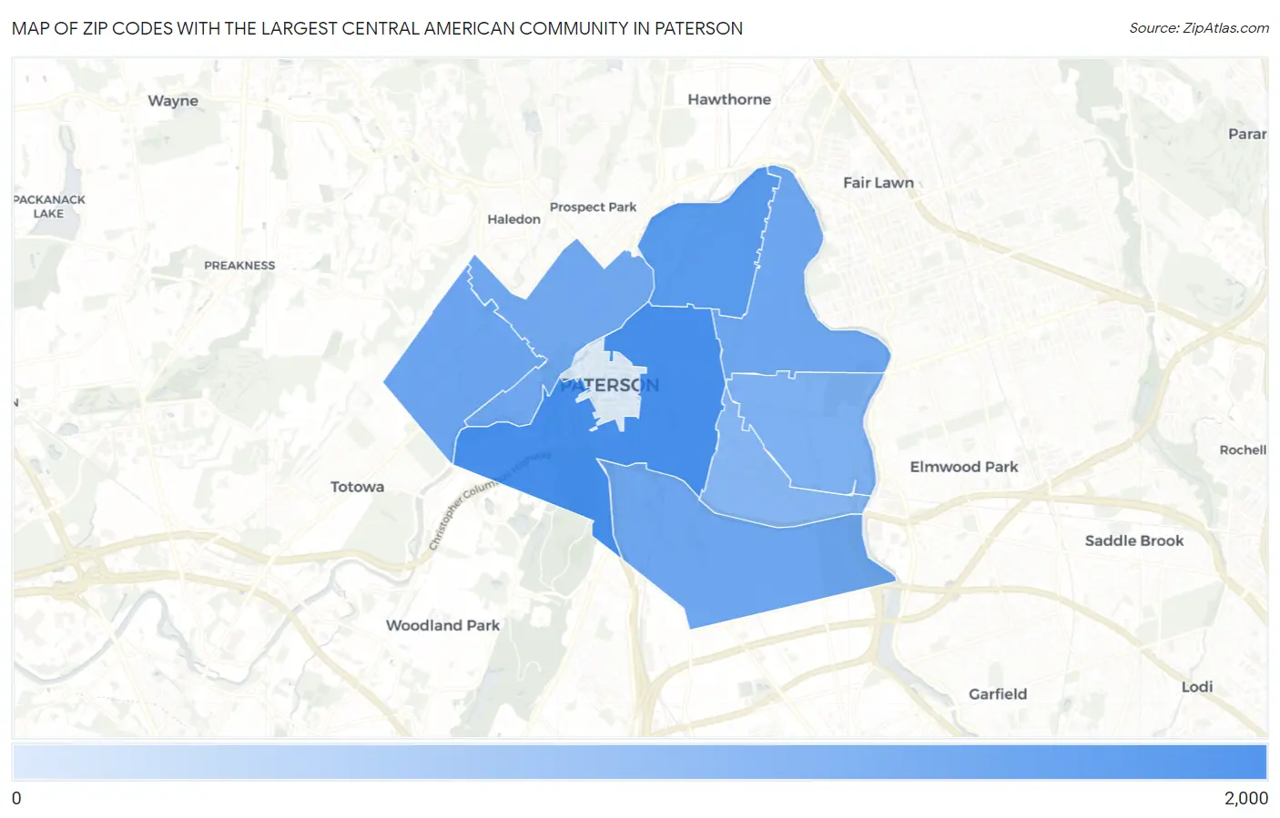Zip Codes with the Largest Central American Community in Paterson Map