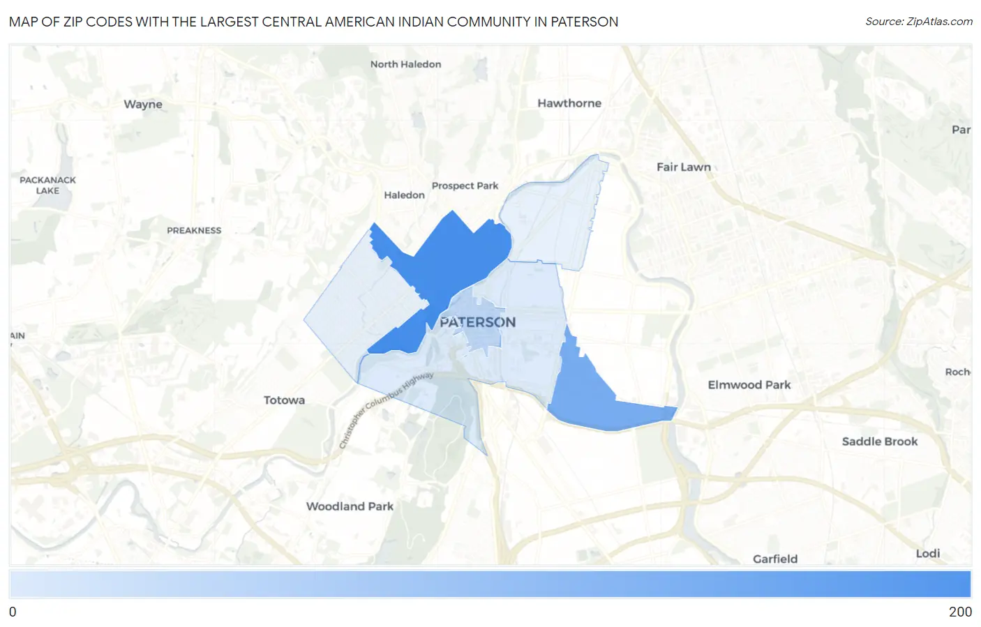 Zip Codes with the Largest Central American Indian Community in Paterson Map