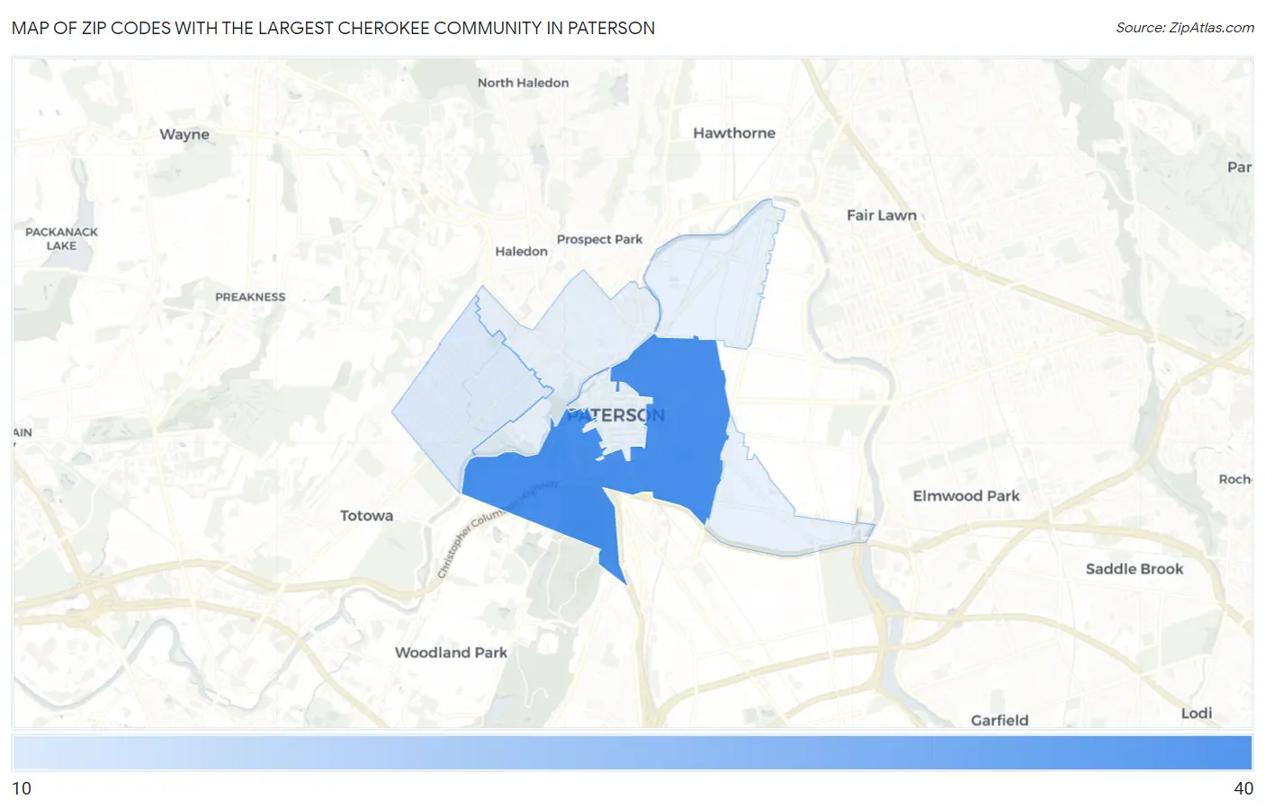 Zip Codes with the Largest Cherokee Community in Paterson Map