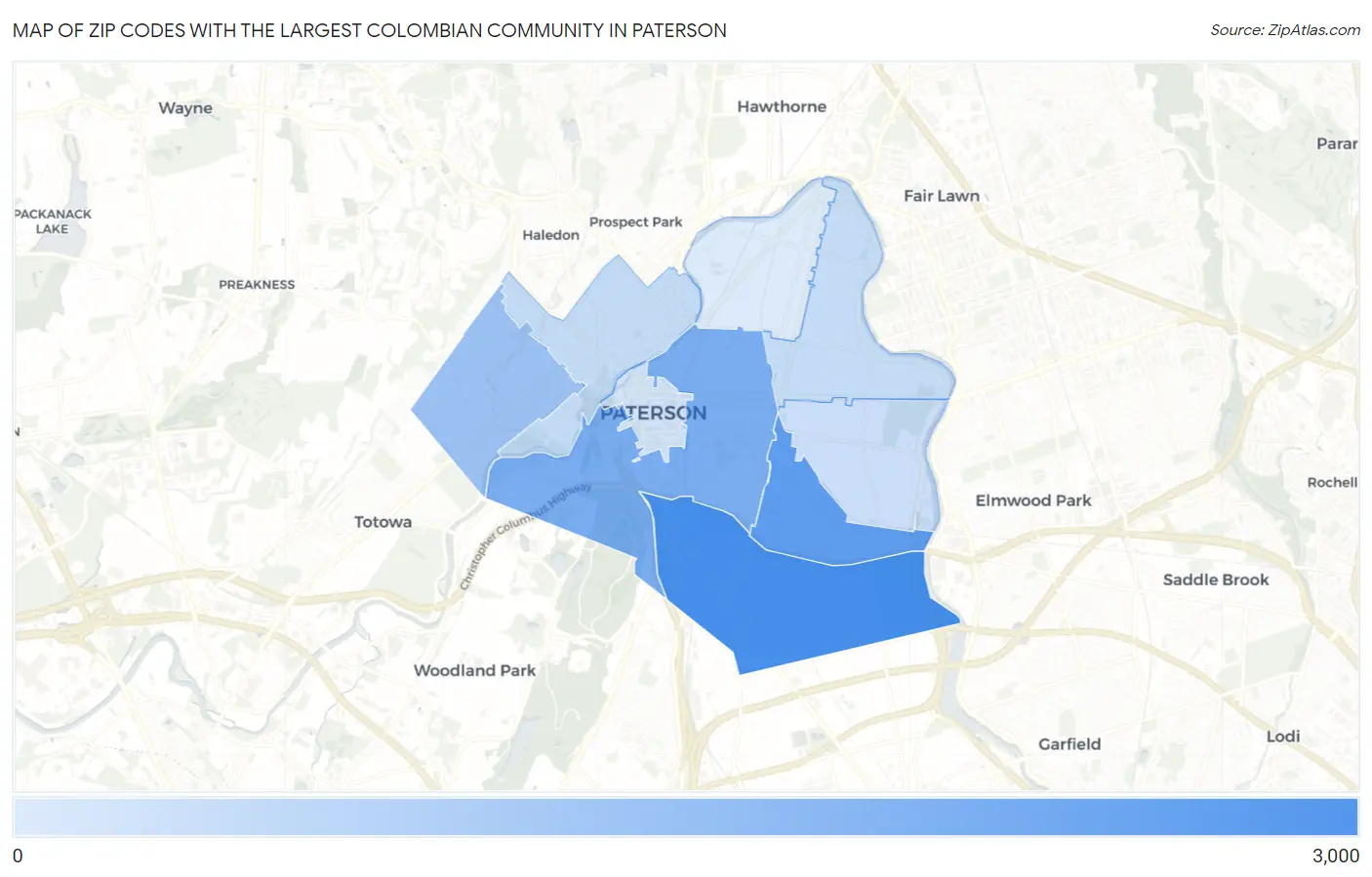 Zip Codes with the Largest Colombian Community in Paterson Map