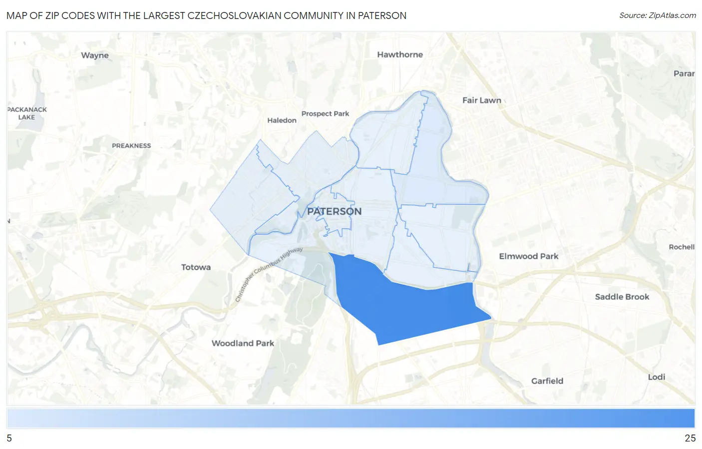 Zip Codes with the Largest Czechoslovakian Community in Paterson Map