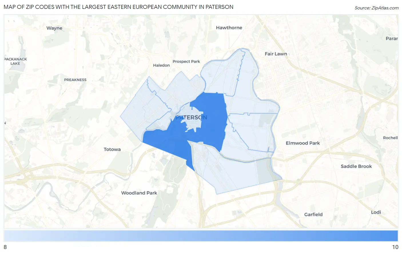 Zip Codes with the Largest Eastern European Community in Paterson Map