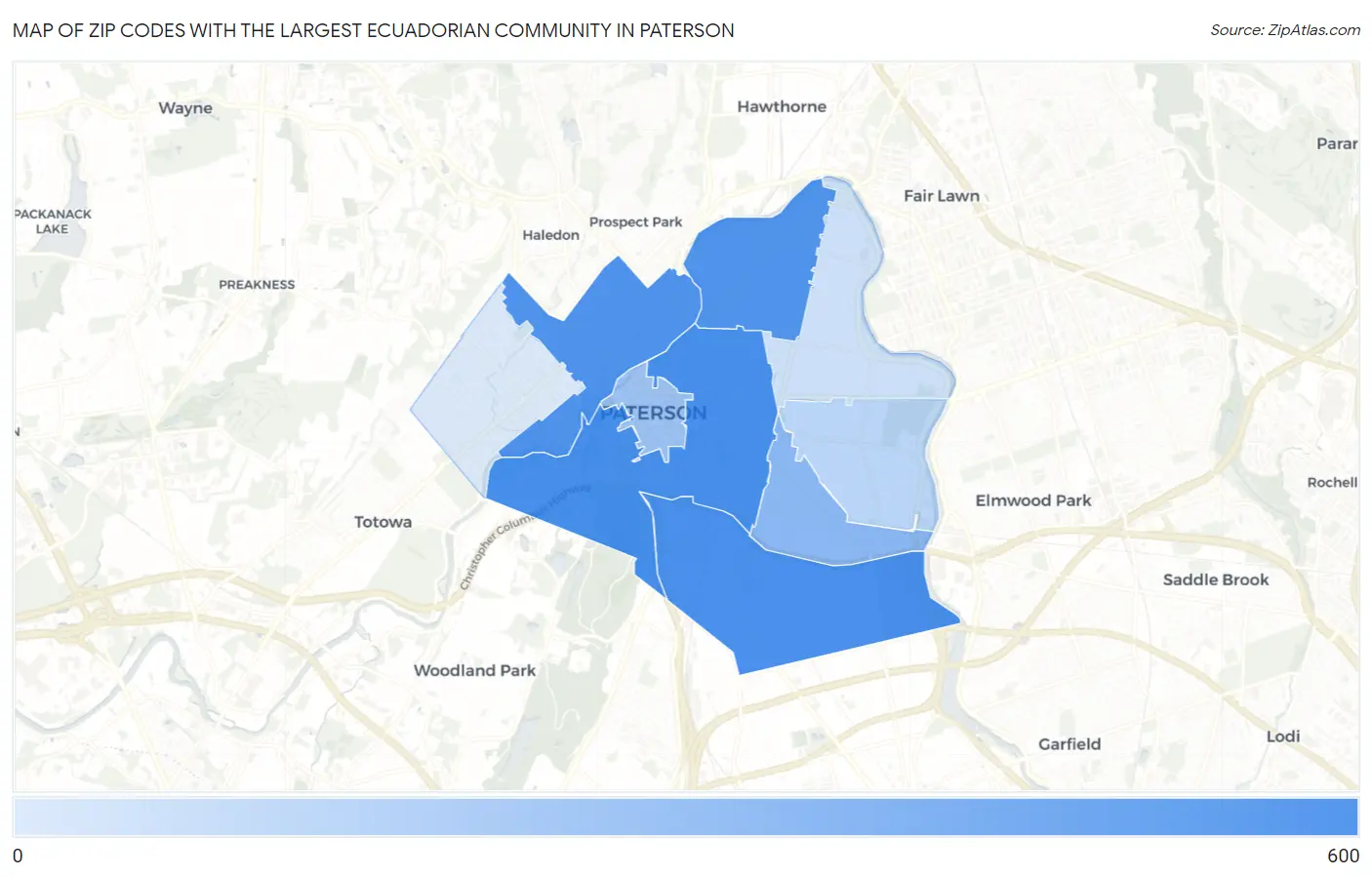 Zip Codes with the Largest Ecuadorian Community in Paterson Map