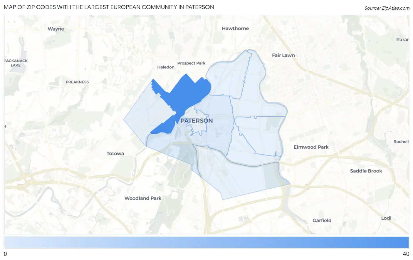 Zip Codes with the Largest European Community in Paterson Map