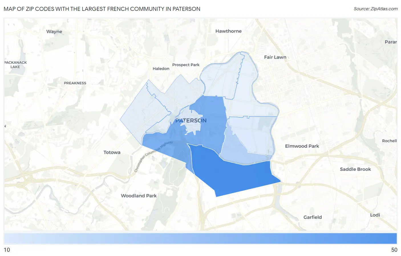 Zip Codes with the Largest French Community in Paterson Map