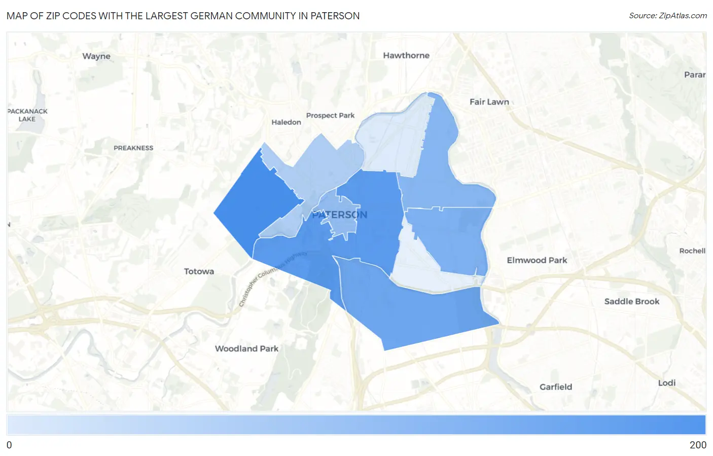 Zip Codes with the Largest German Community in Paterson Map