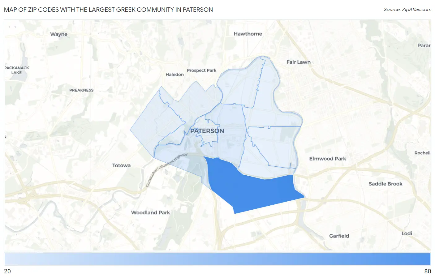 Zip Codes with the Largest Greek Community in Paterson Map