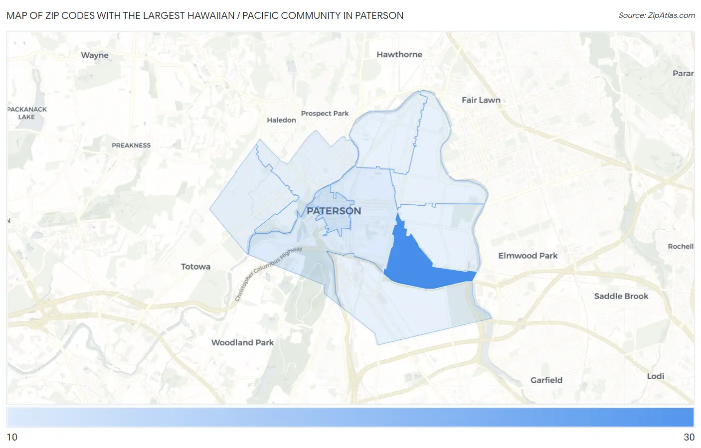 Zip Codes with the Largest Hawaiian / Pacific Community in Paterson Map