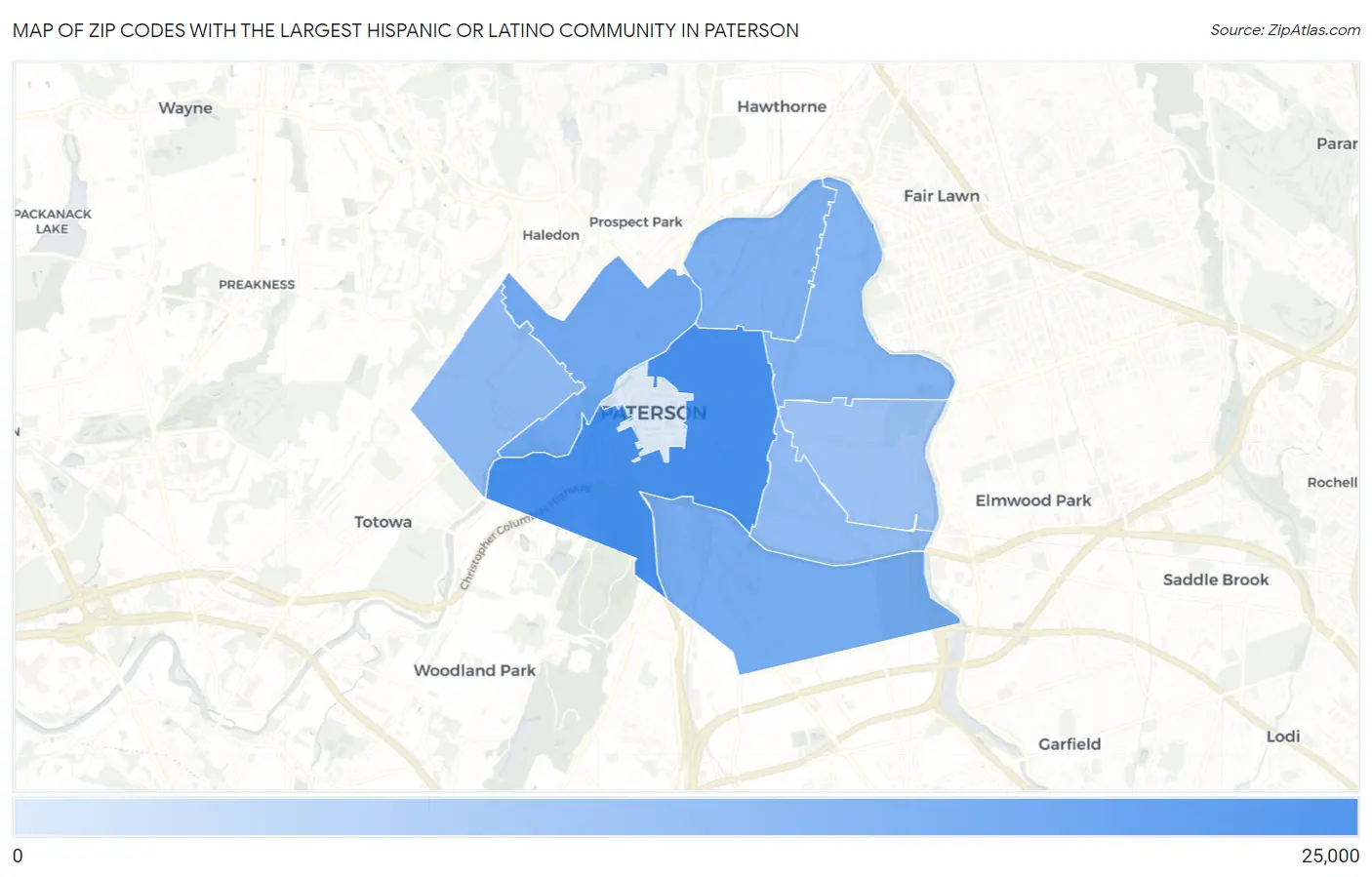 Zip Codes with the Largest Hispanic or Latino Community in Paterson Map