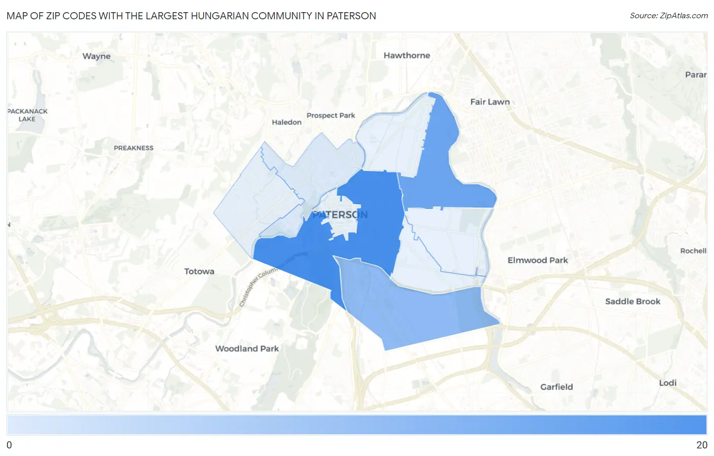 Zip Codes with the Largest Hungarian Community in Paterson Map