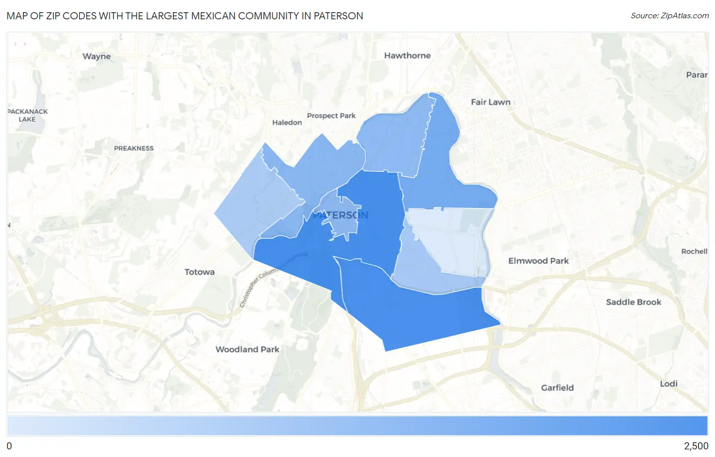 Zip Codes with the Largest Mexican Community in Paterson Map