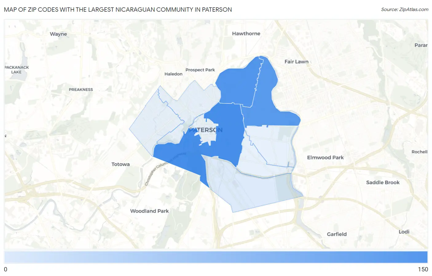 Zip Codes with the Largest Nicaraguan Community in Paterson Map