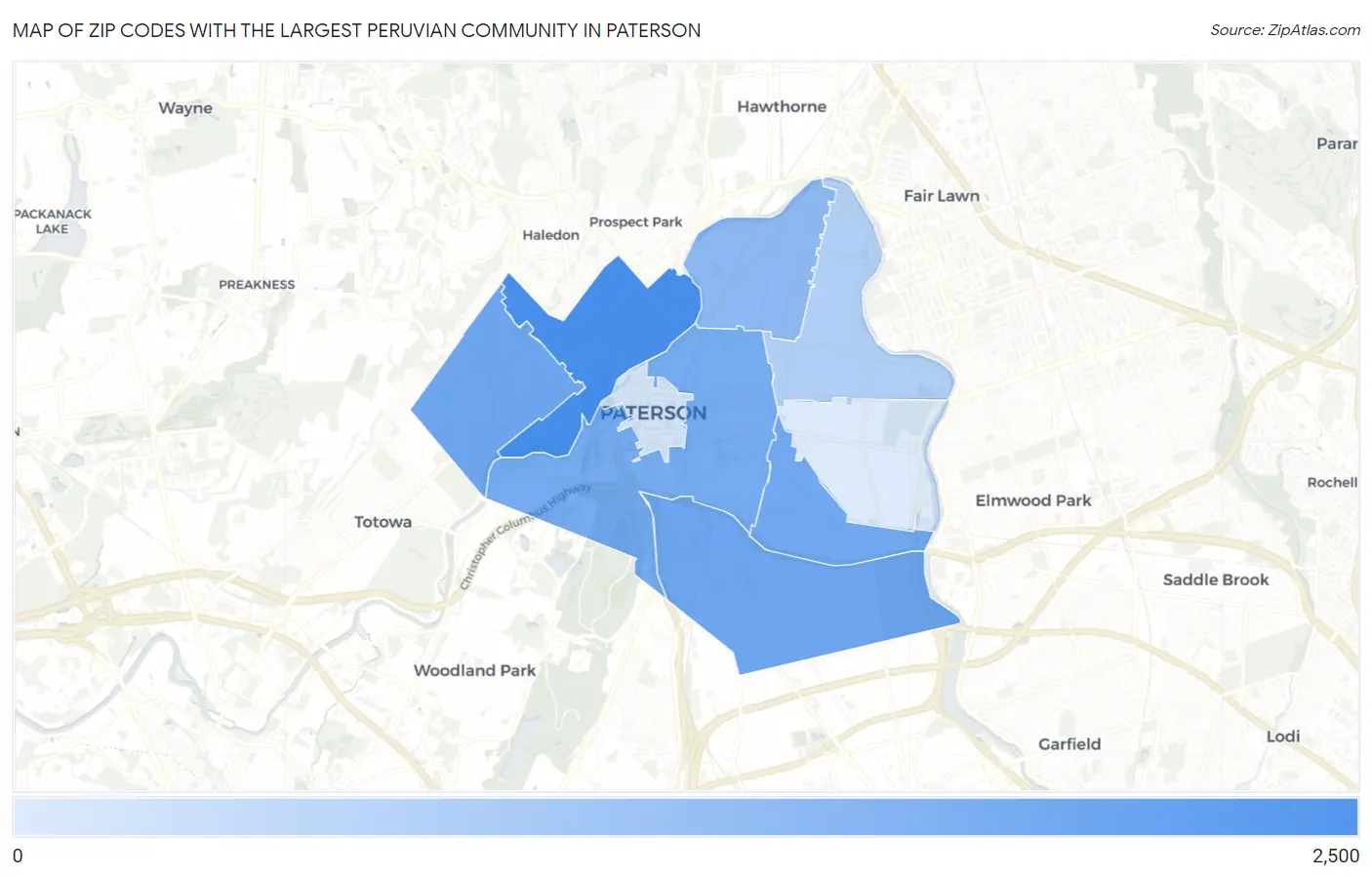 Zip Codes with the Largest Peruvian Community in Paterson Map