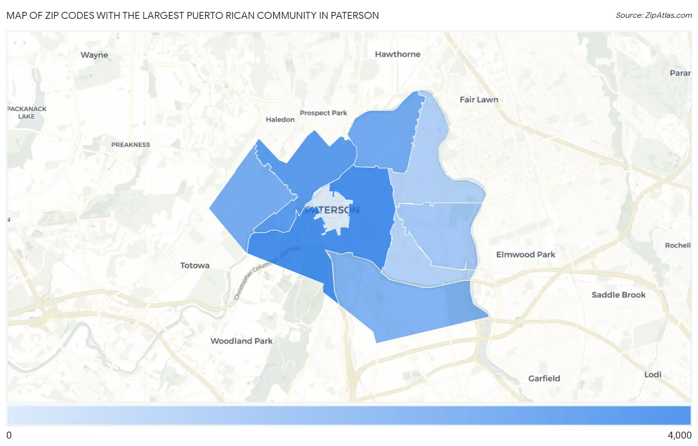 Zip Codes with the Largest Puerto Rican Community in Paterson Map