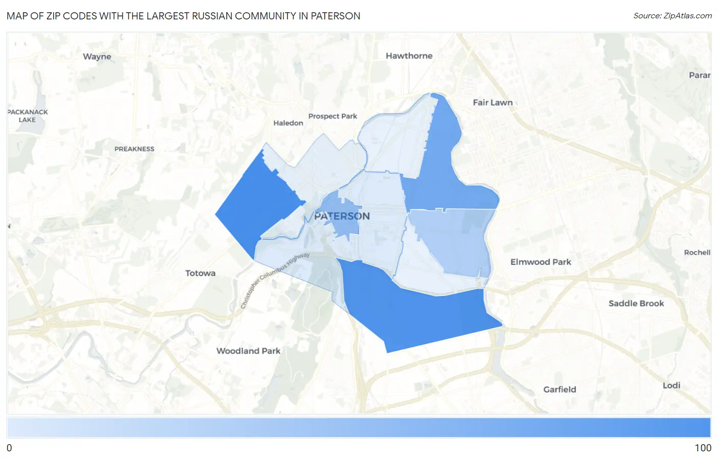 Zip Codes with the Largest Russian Community in Paterson Map