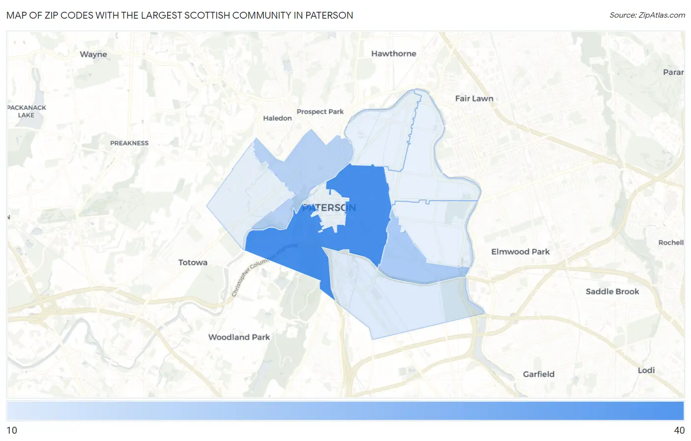 Zip Codes with the Largest Scottish Community in Paterson Map