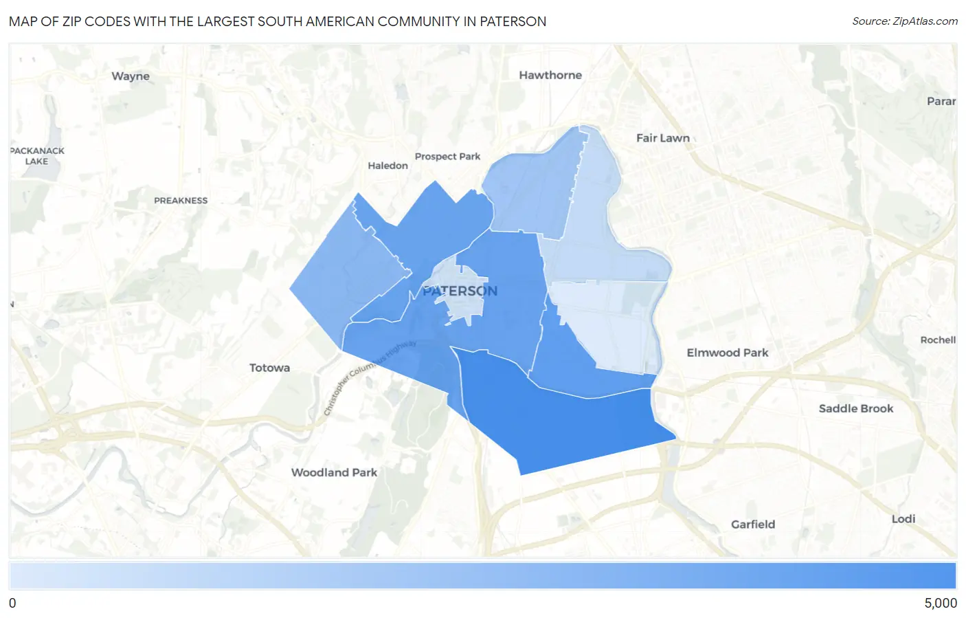 Zip Codes with the Largest South American Community in Paterson Map