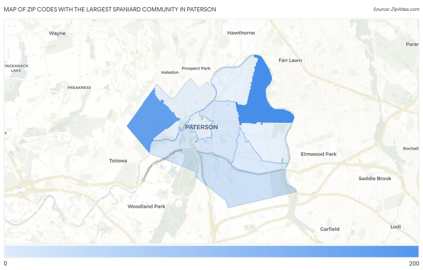Zip Codes with the Largest Spaniard Community in Paterson Map