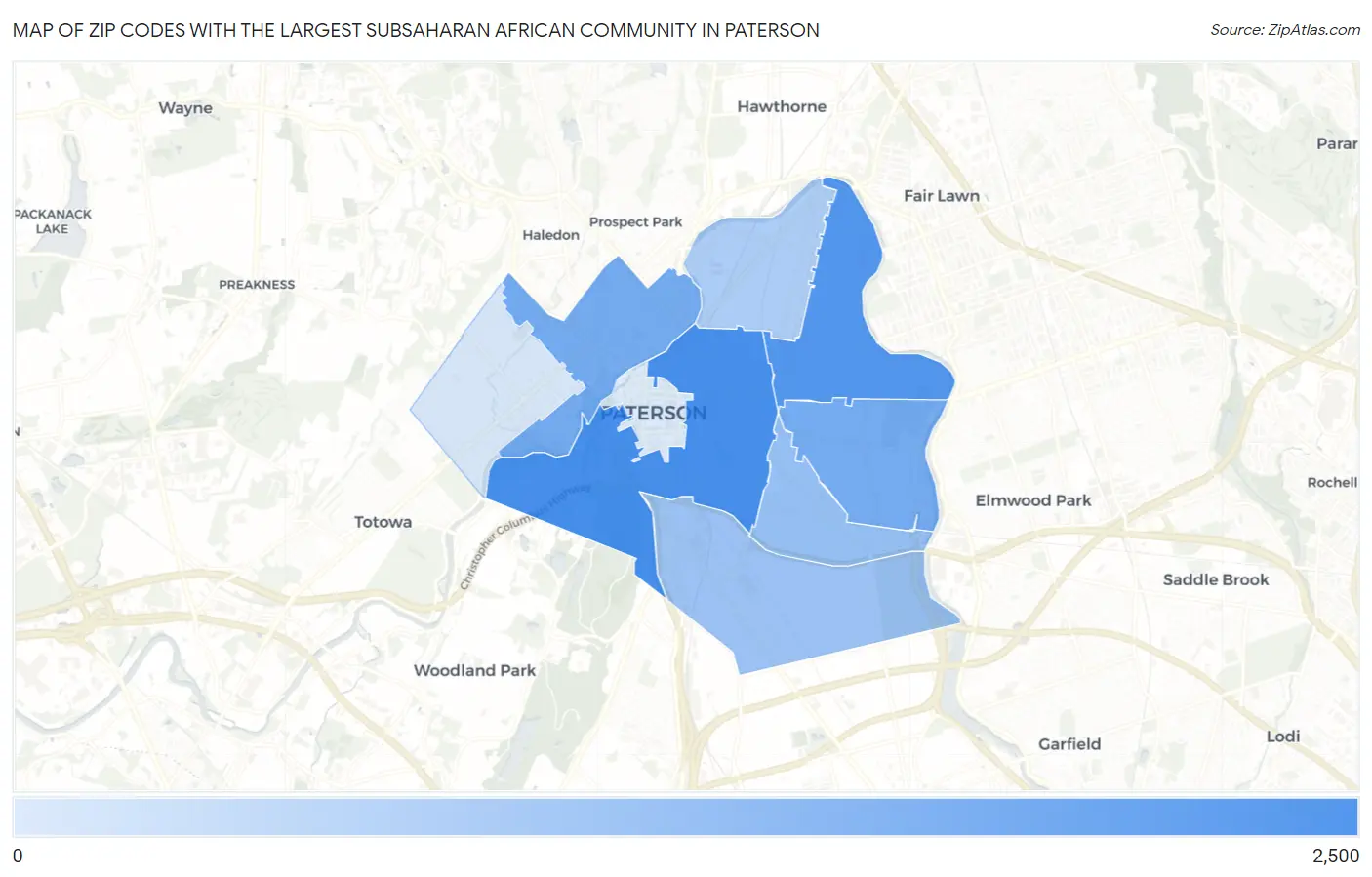 Zip Codes with the Largest Subsaharan African Community in Paterson Map