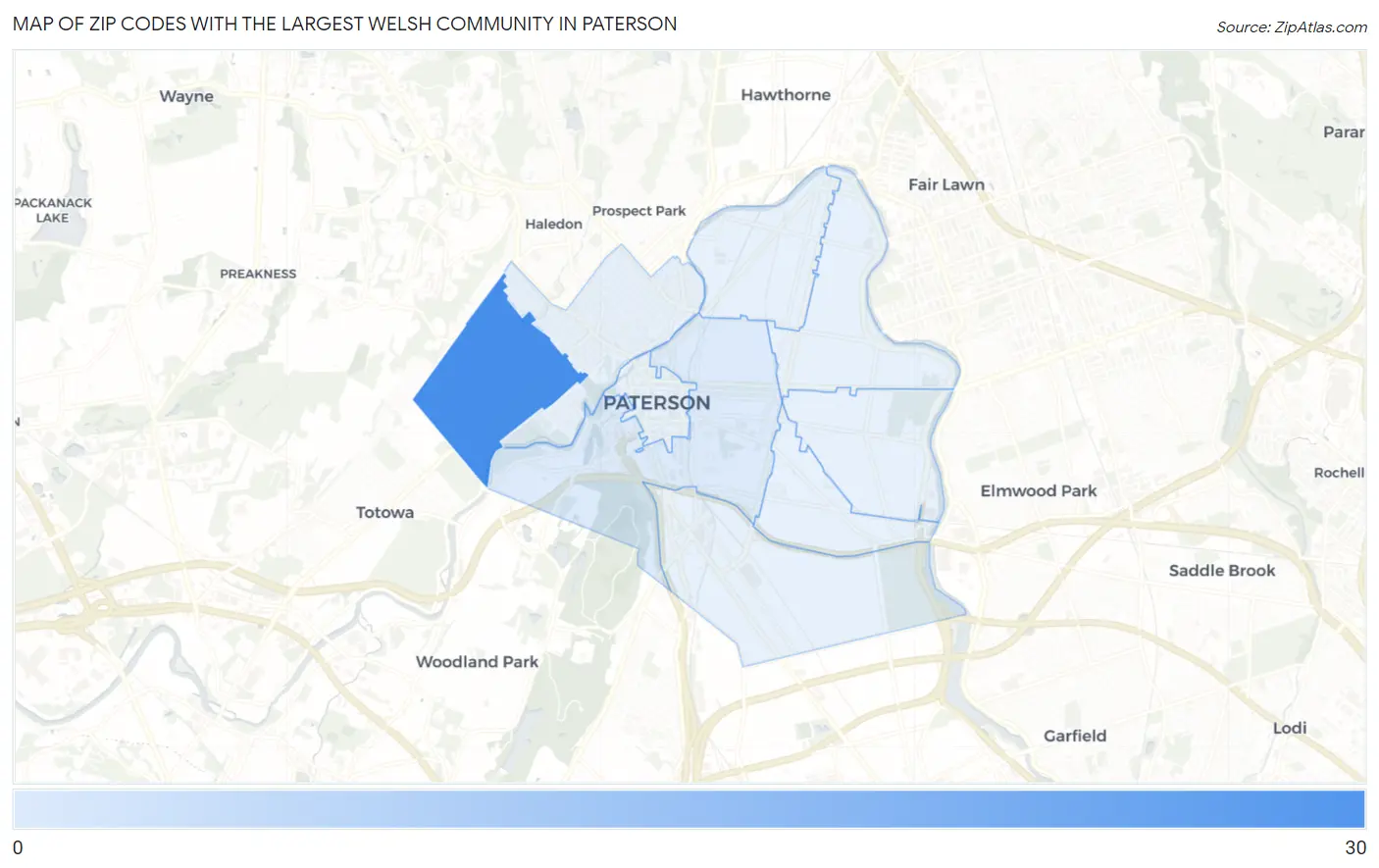 Zip Codes with the Largest Welsh Community in Paterson Map