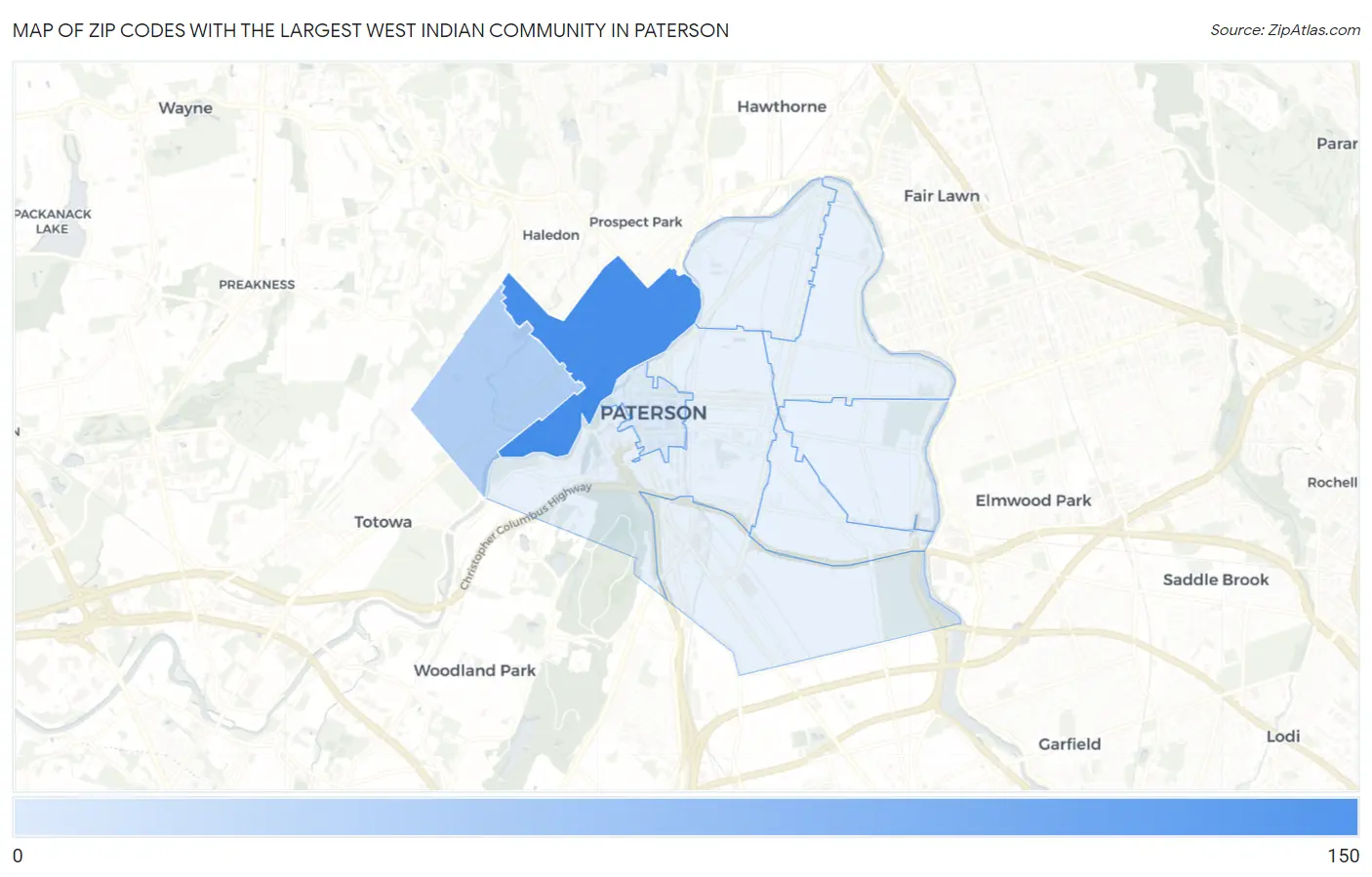 Zip Codes with the Largest West Indian Community in Paterson Map