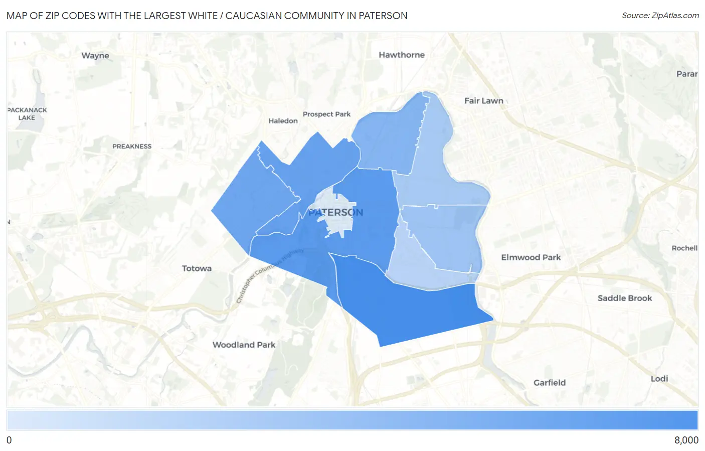 Zip Codes with the Largest White / Caucasian Community in Paterson Map