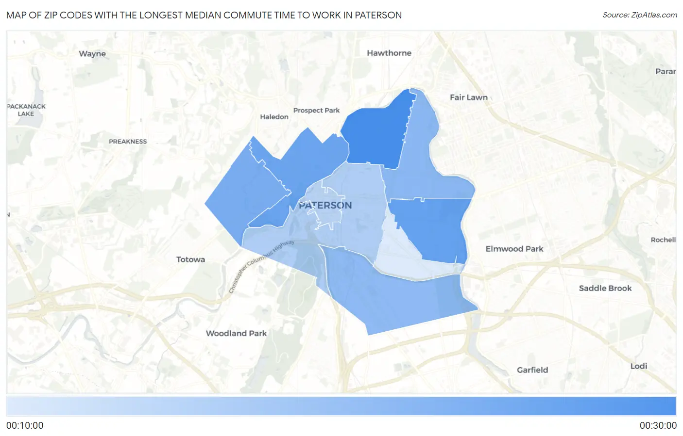 Zip Codes with the Longest Median Commute Time to Work in Paterson Map