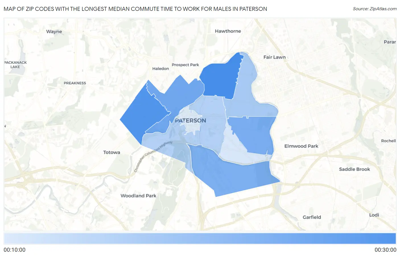 Zip Codes with the Longest Median Commute Time to Work for Males in Paterson Map
