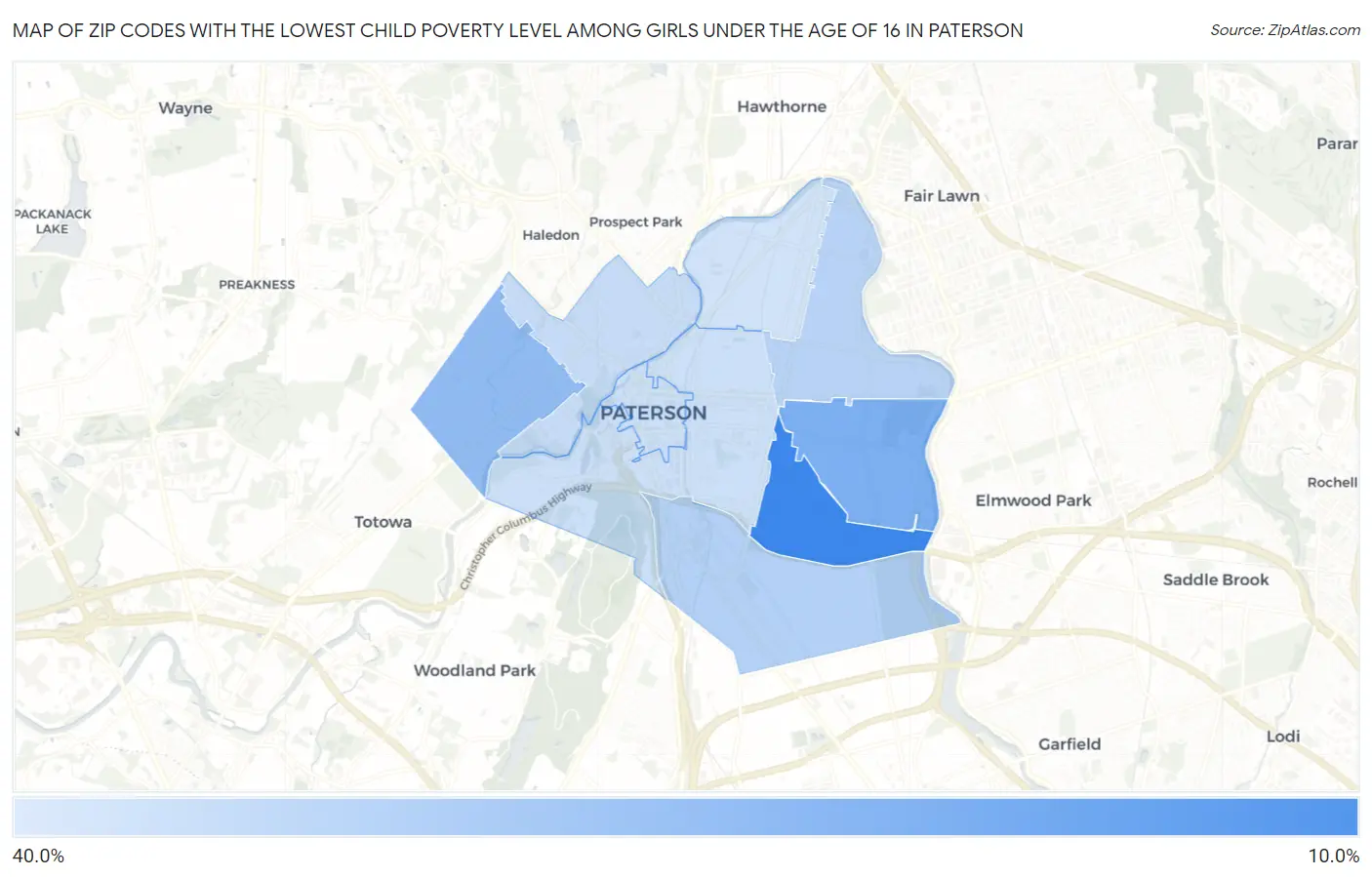 Zip Codes with the Lowest Child Poverty Level Among Girls Under the Age of 16 in Paterson Map