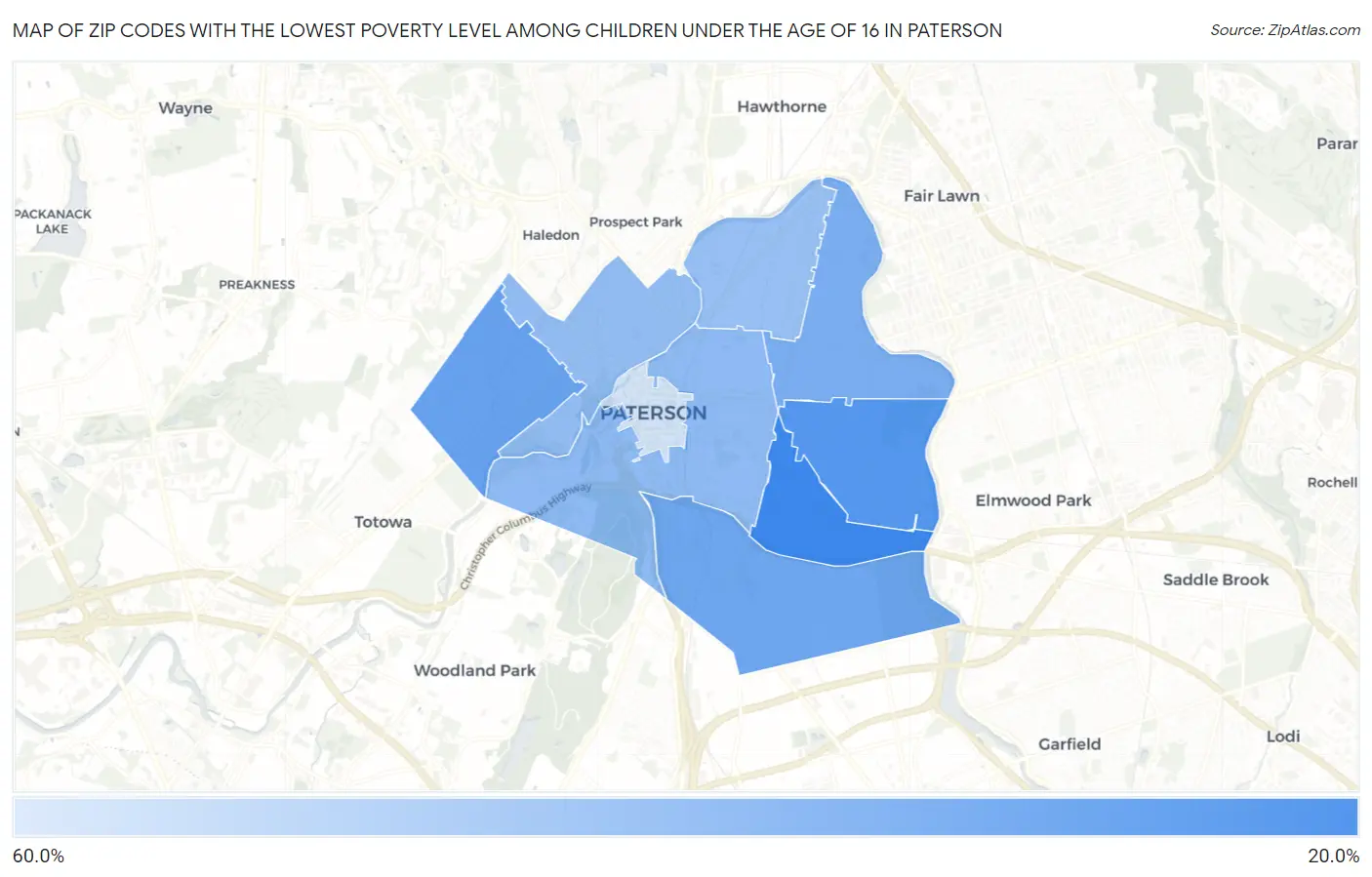 Zip Codes with the Lowest Poverty Level Among Children Under the Age of 16 in Paterson Map