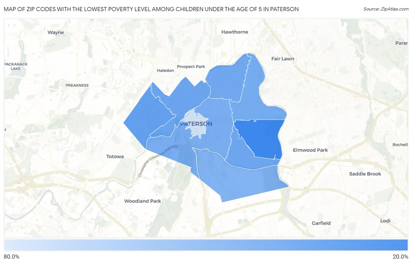 Zip Codes with the Lowest Poverty Level Among Children Under the Age of 5 in Paterson Map
