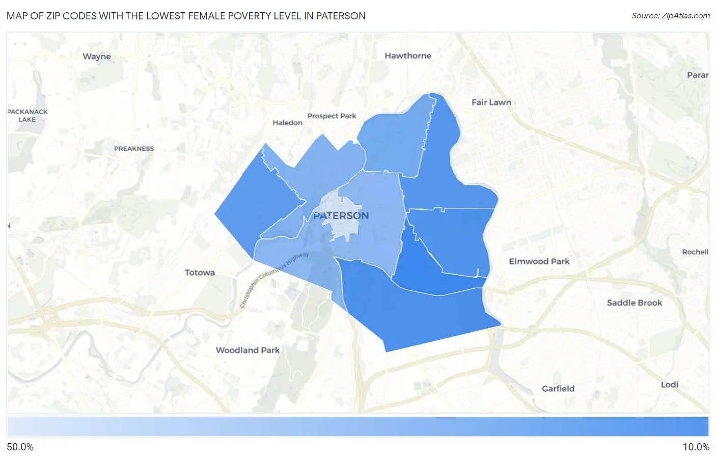 Zip Codes with the Lowest Female Poverty Level in Paterson Map
