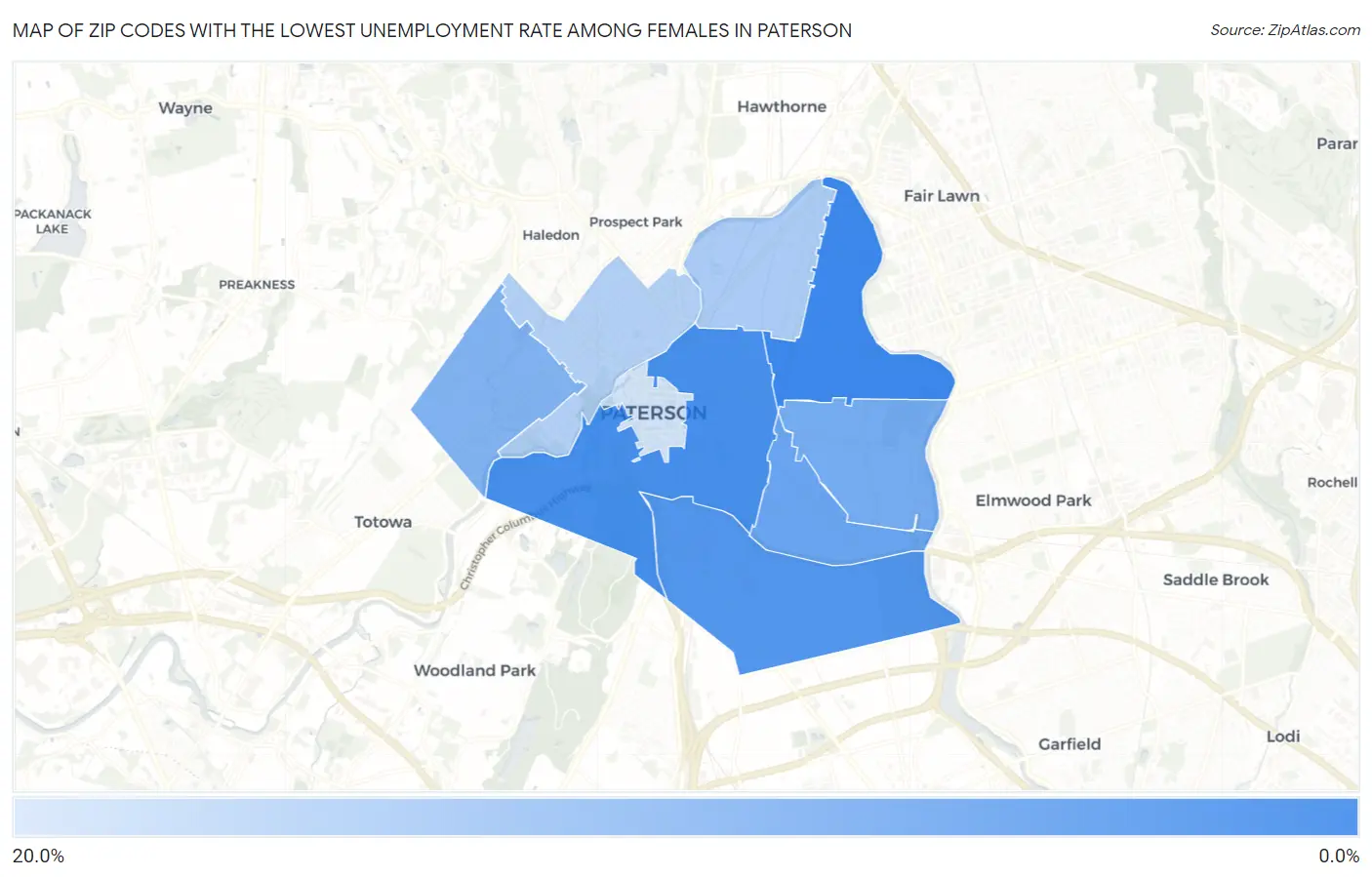 Zip Codes with the Lowest Unemployment Rate Among Females in Paterson Map