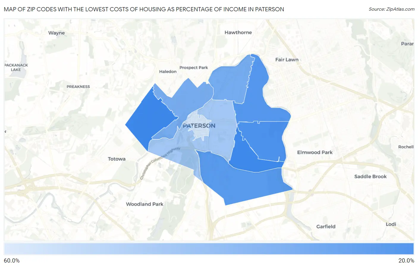 Zip Codes with the Lowest Costs of Housing as Percentage of Income in Paterson Map