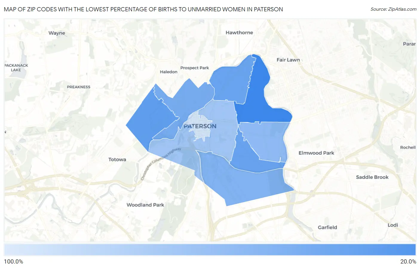Zip Codes with the Lowest Percentage of Births to Unmarried Women in Paterson Map