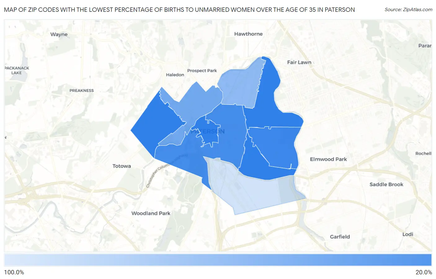 Zip Codes with the Lowest Percentage of Births to Unmarried Women over the Age of 35 in Paterson Map