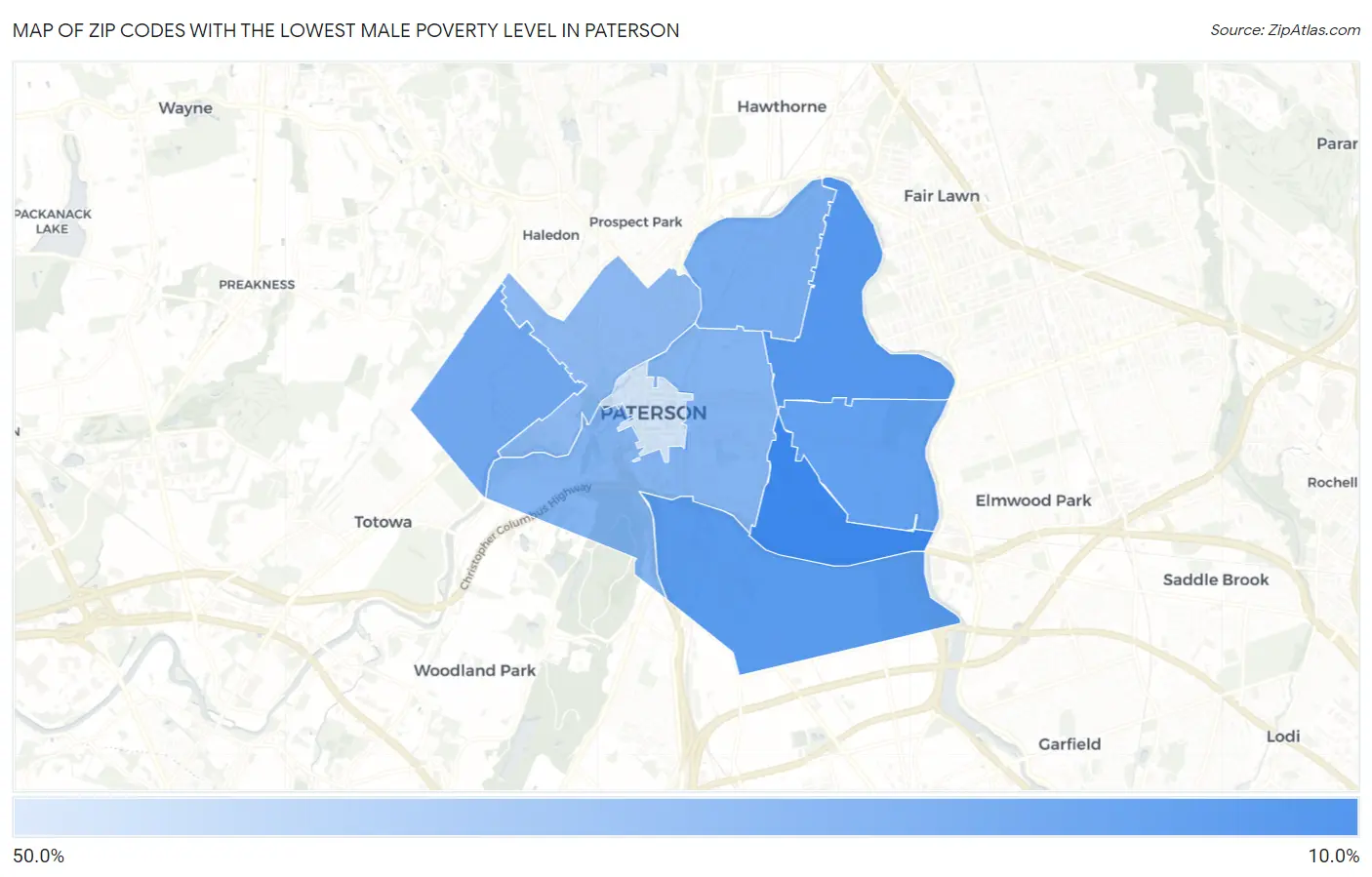 Zip Codes with the Lowest Male Poverty Level in Paterson Map