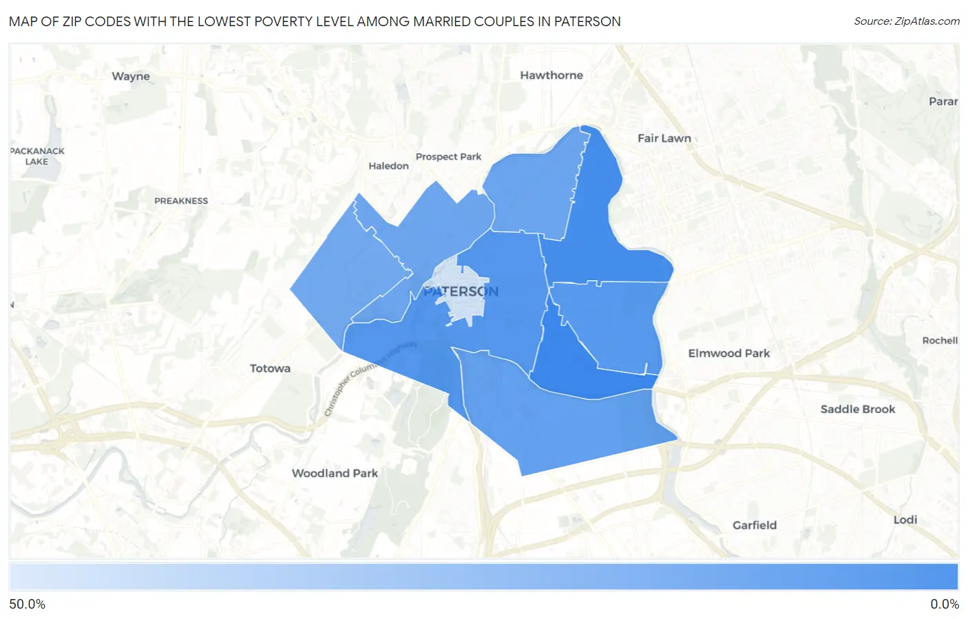 Zip Codes with the Lowest Poverty Level Among Married Couples in Paterson Map