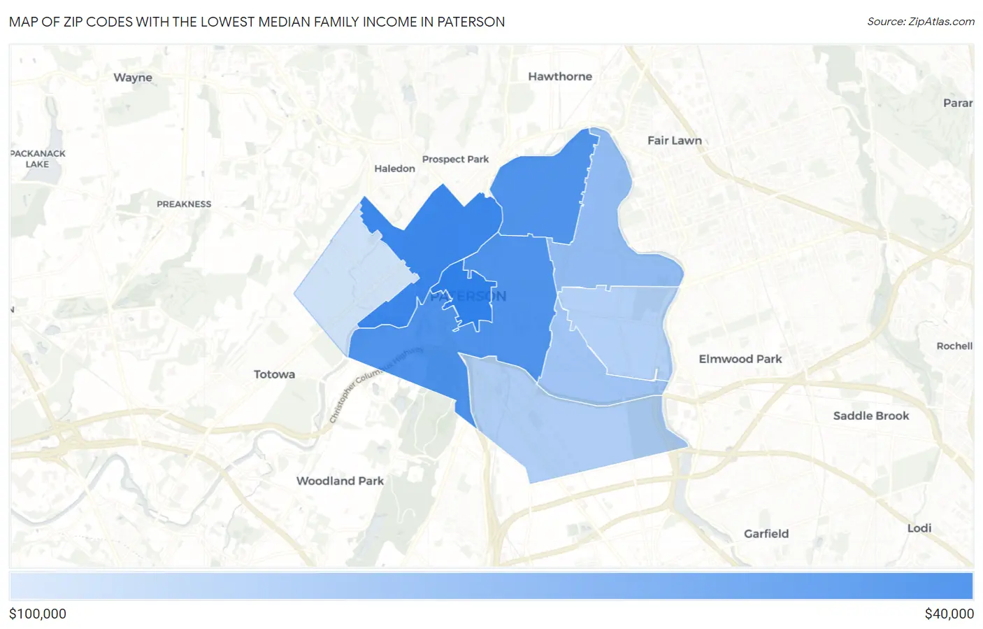 Zip Codes with the Lowest Median Family Income in Paterson Map